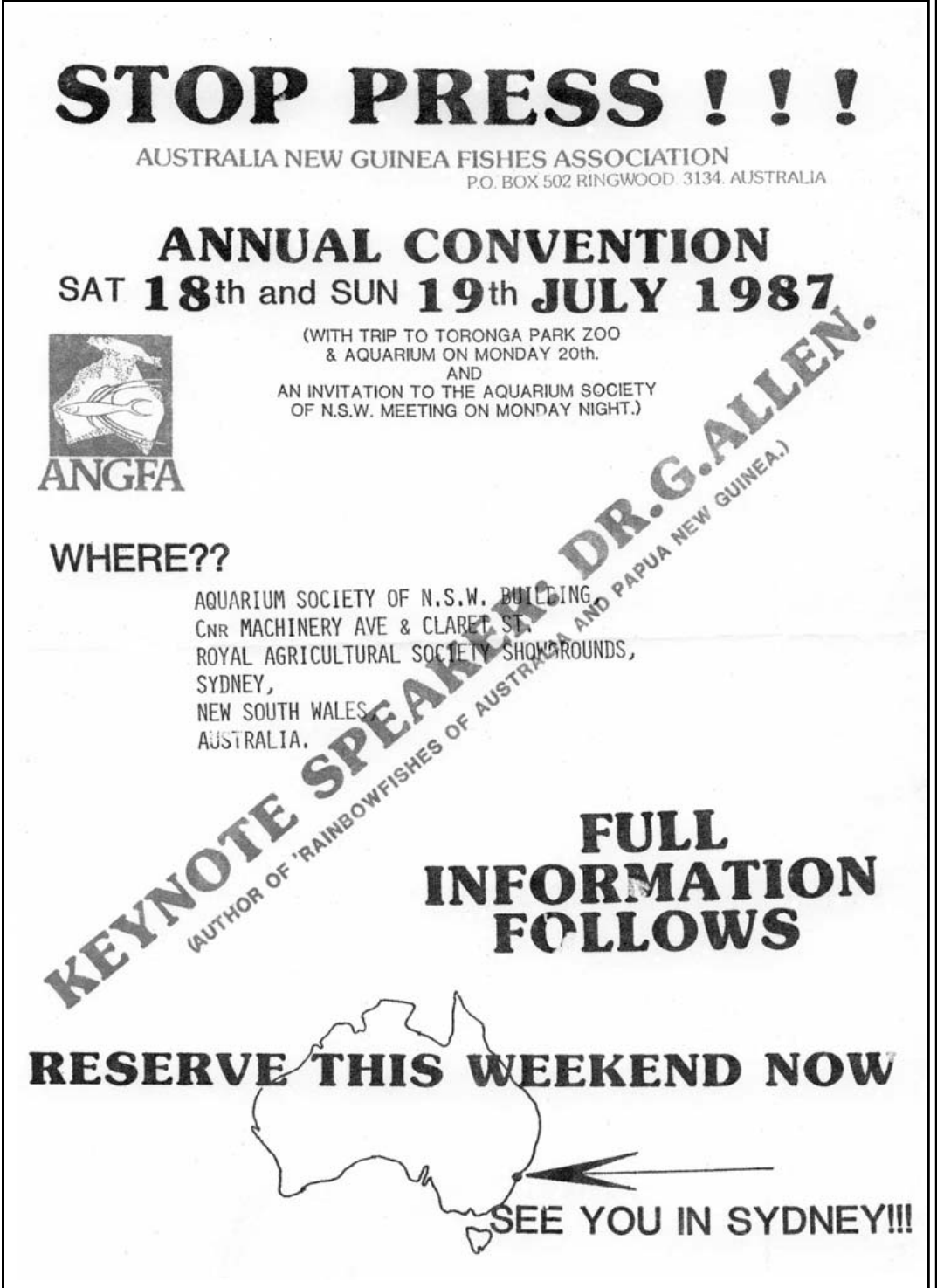 ANGFA Annual Convention 1987 Stop Press flyer