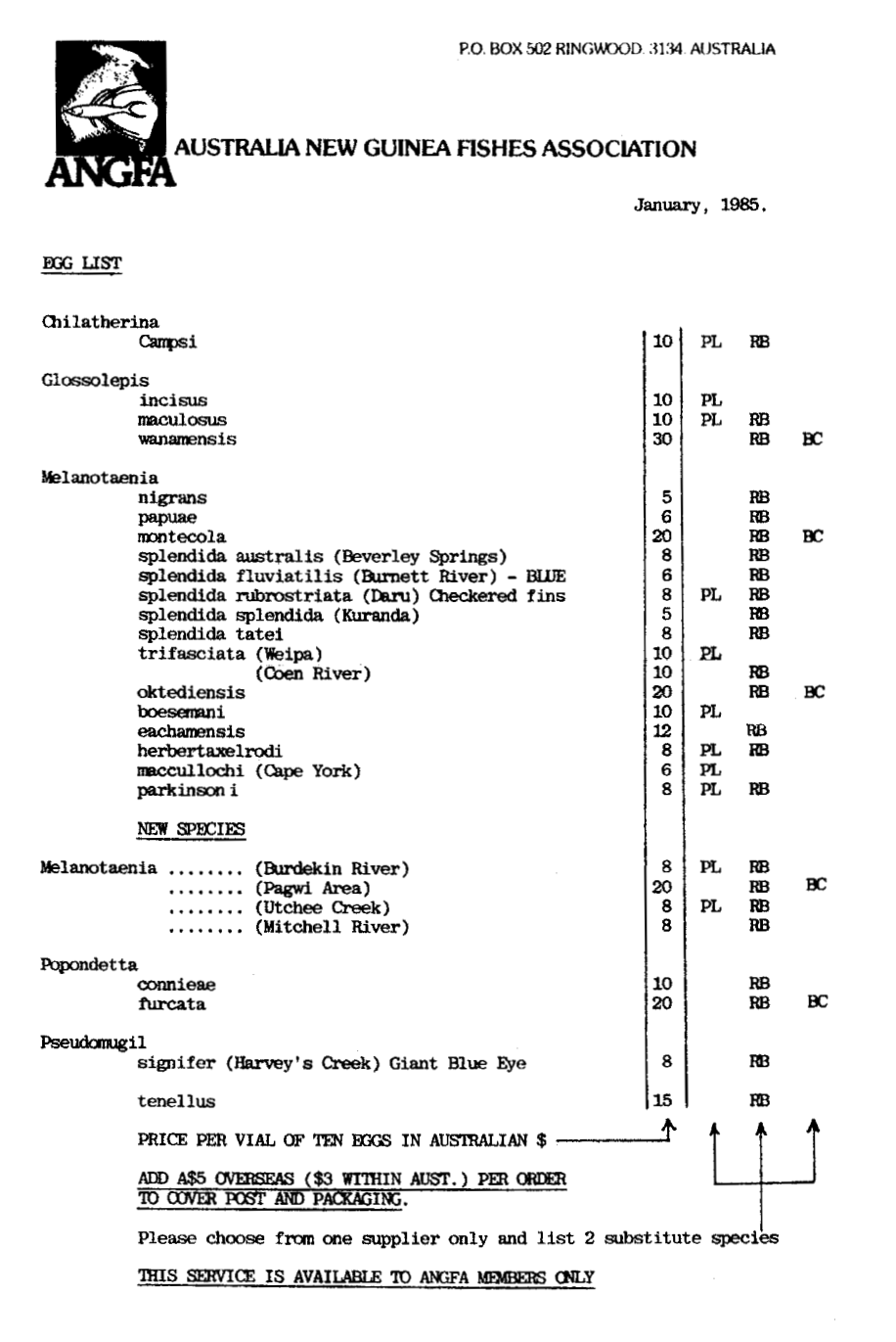 ANGFA Egg List, January 1985