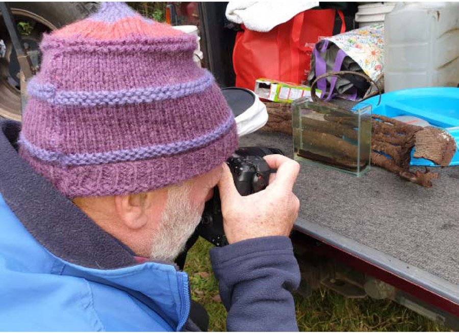 John Lenagan photographing a Southern Pygmy Perch on a ute tailgate