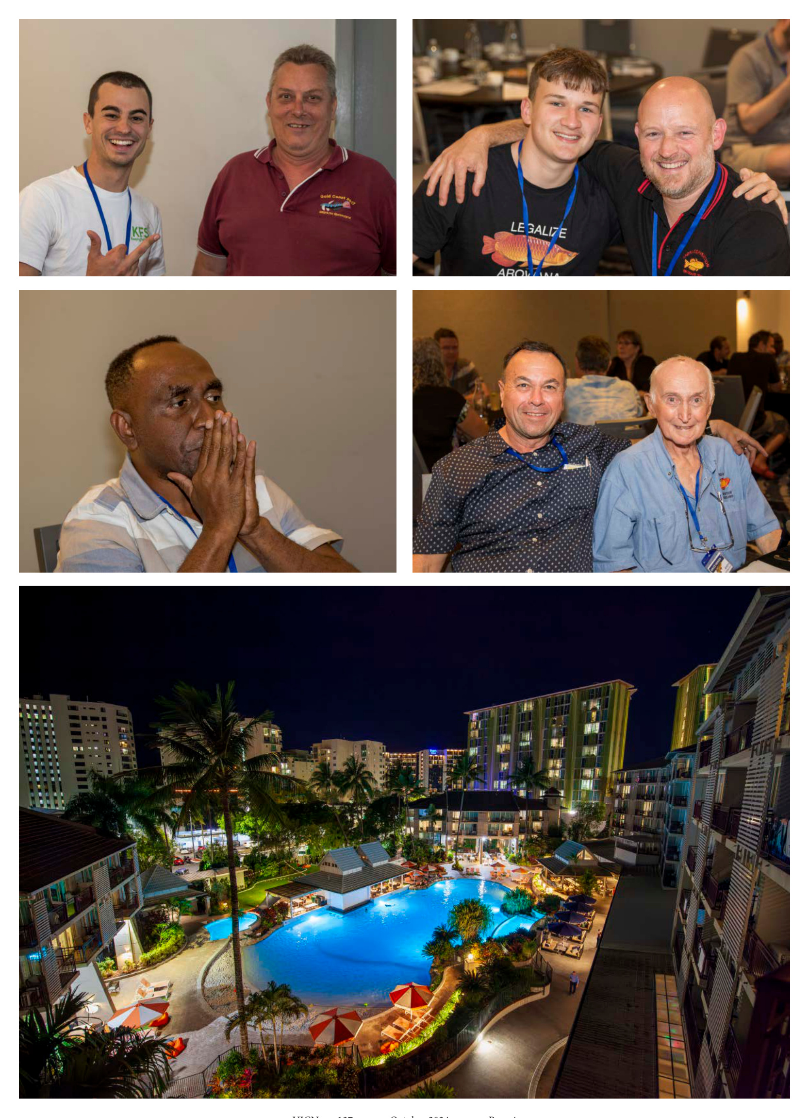 More convention delegates posing together, and an evening view of the convention resort pool