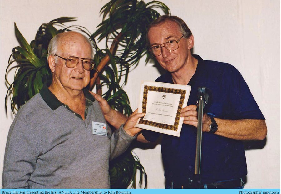 Bruce Hansen presenting Ron Bowman with ANGFA's first Life Membership