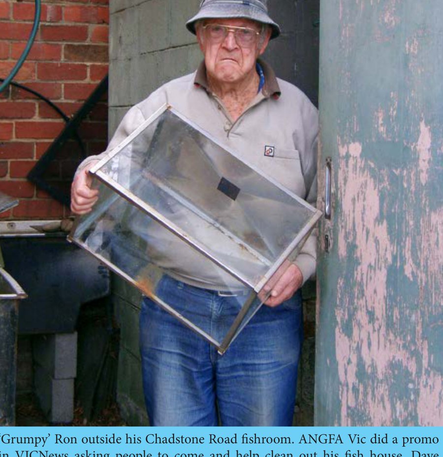 'Grumpy' Ron Bowman outside his Chadstone Road fishroom, posing for a VicNews promotional photo