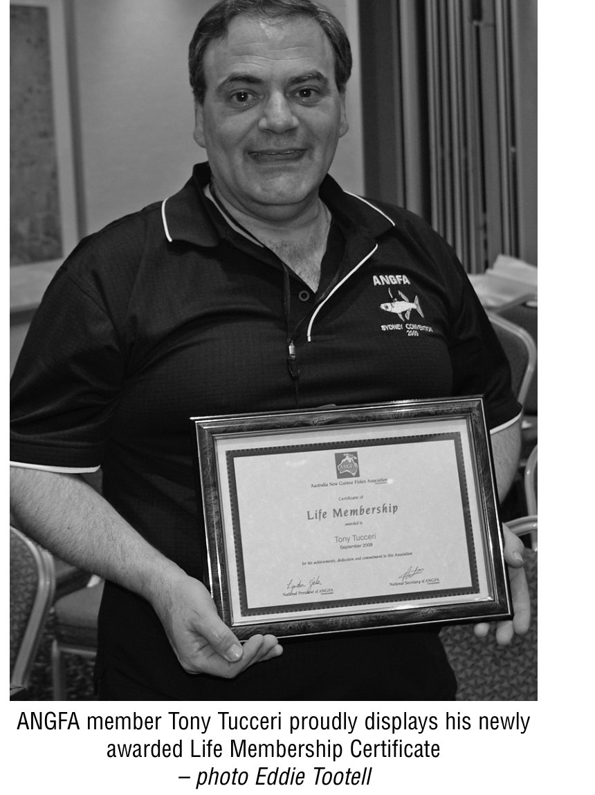 Tony Tucceri displaying his ANGFA Life Membership certificate, 2009
